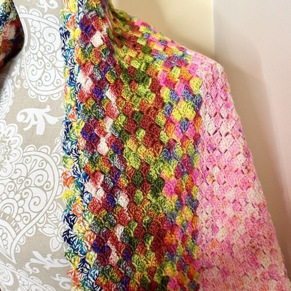 Triangle Shawl‎ Wrap Scarf Handmade Crocheted  Bright Colors Pink Yellow Blues - Picture 3 of 11
